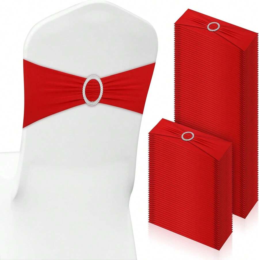 150 Pieces Spandex Stretch Chair Sashes Bows Elastic Chair Cover Bands Ties With Slider Wedding Party Reception Events Universal Ceremony Banquet Decorations (Gold) - Red - View 1