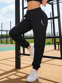 女士印花口袋慢跑裤 - 柔软舒适的运动休闲裤，适合户外跑步、瑜伽和旅行 - 黑色 - 查看 1