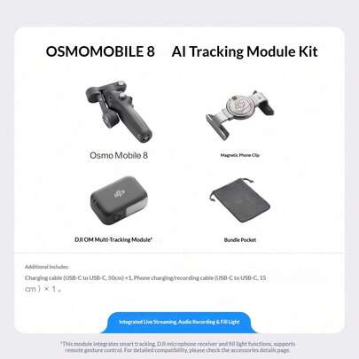  DJI Osmo Mobile 8 Lightweight Tracking Smartphone Gimbal Stabilizer, Smart Tracking, Selfie Stick, 360° Smart Follow, Live Streaming, Tripod, Standard Kit, Official Configuration, Black