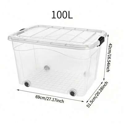 Conjunto de 2 caixas organizadoras empilháveis e resistentes de 100 litros com rodas, ideais para guardar roupas, brinquedos e livros. Disponíveis em vários tamanhos. Cestas transparentes para armazenamento de ferramentas.