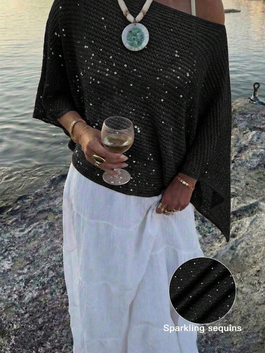 優雅女款春夏時尚休閒度假海灘風粉色針織鏤空亮片船領純色半透視連帽上衣黑色