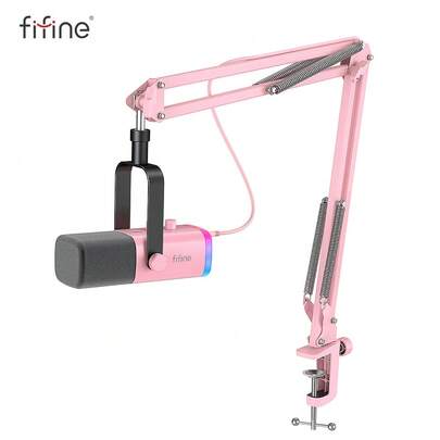  FIFINE XLR 游戏麦克风 USB 接口，PC 动圈麦克风套装，适用于人声录制、播客直播，带 RGB 灯光耳机插孔静音按钮，含电脑/调音台支架 - AmpliGame AM8T 粉色