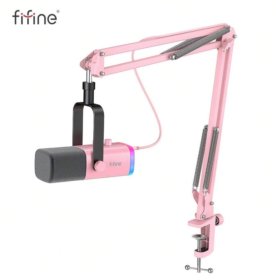 Micrófono de juego FIFINE XLR USB, kit de micrófono dinámico para PC para grabación vocal, podcast y transmisión, con iluminación RGB, jack de auriculares, botón de silencio y soporte para computadora/mezclador - AmpliGame AM8T Rosa