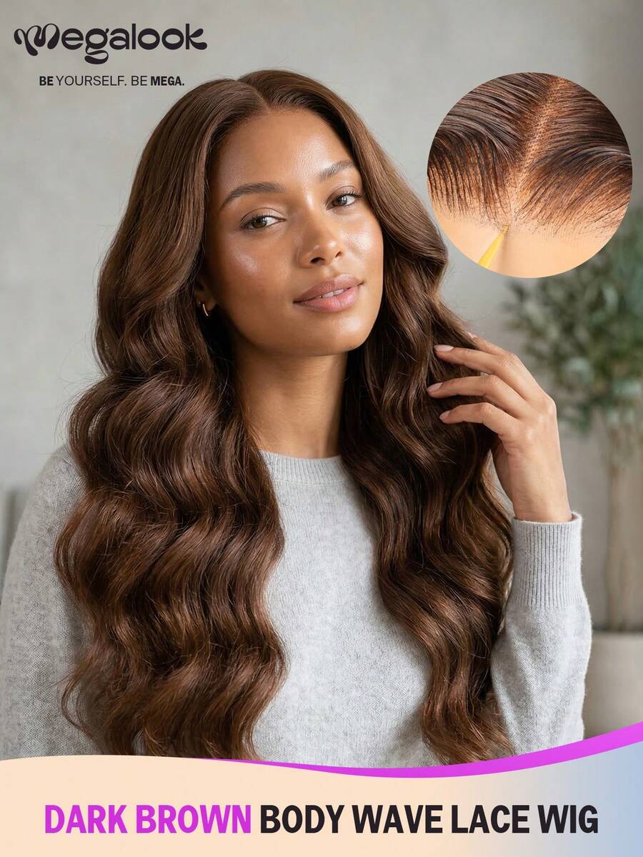 MEGALOOK 6英寸x5英寸波浪形秘鲁原生人发假发，巧克力棕色#4，100%未经加工，180%密度，透明蕾丝前额，可调节 - S4 - 查看 1