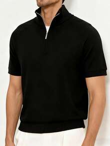 Men's Solid Color Zipper Placket Casual Versatile Commuting Short Sleeve T-Shirt, Spring/Summer - Black - View 1