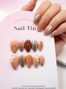 Valentine's Day Nail Art Set, 10pcs Sweet Style New Handmade Nail Stickers, Short Almond Shape, Glitter Luxury False Nails, Suitable For Holidays And Daily Wear, Handmade, Reusable, Comes With 1 Mini Nail File And 1 Sticker Label - Multicolor - View 2
