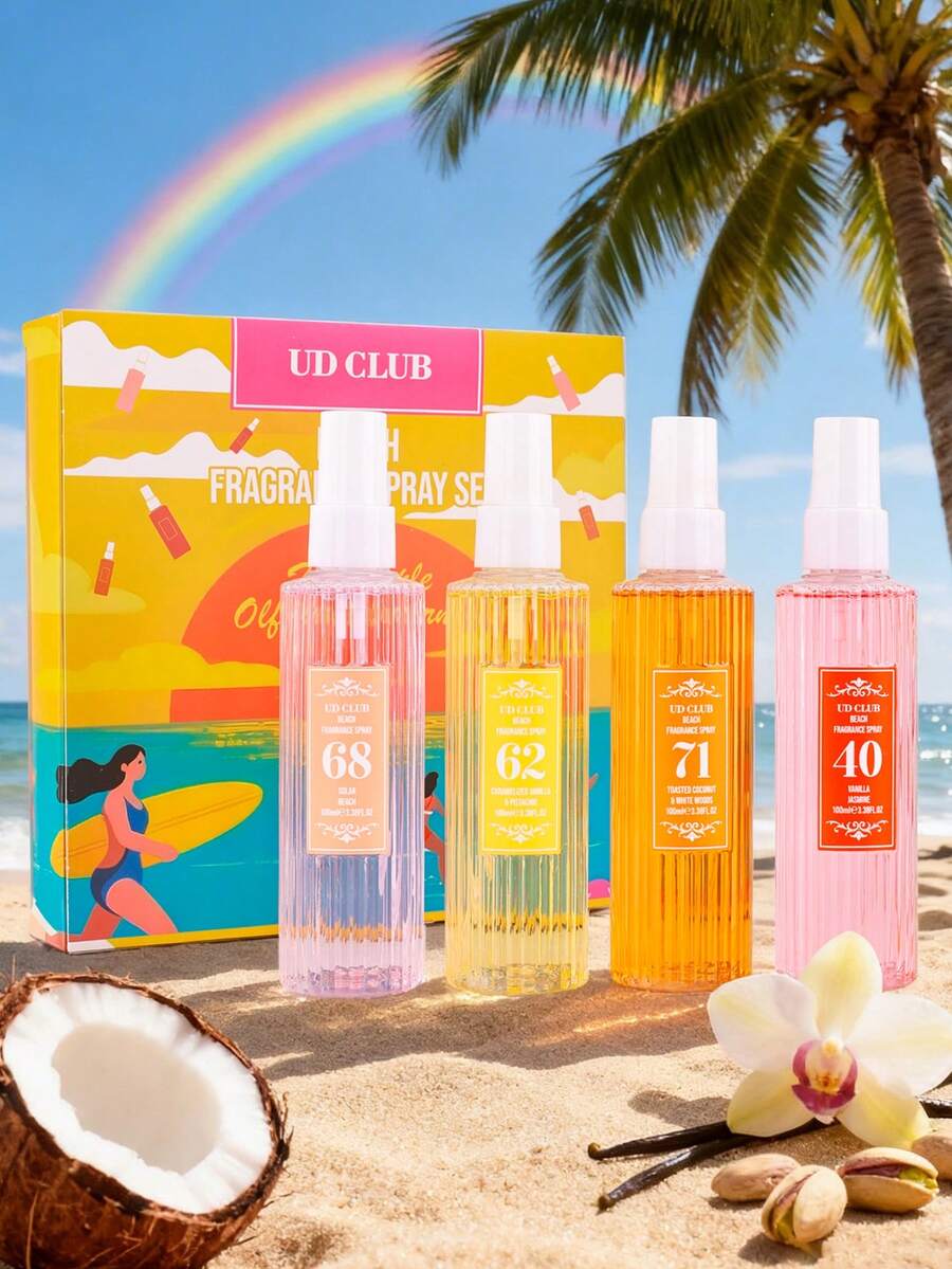 Bộ xịt thơm chủ đề bãi biển này tỏa ra hương thơm tươi mát, tinh tế và lâu dài. Sản phẩm xịt thơm phòng trong nhà tự nhiên và sảng khoái này mang đến hương thơm hoa quả, cam quýt và gỗ thanh lịch. Thích hợp cho không gian trong nhà, ngoài trời, tiệc tùng, tụ họp, kỳ nghỉ, nhà cửa và văn phòng, đây là món quà lý tưởng dành cho gia đình và bạn bè. - Chai lớn 100ml - Xem 1