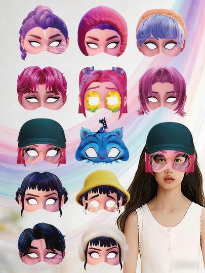 Hasbro 12pcs KPOP Girl Group Wizard Themed Cartoon Face Masks, Cute Children Masks, Suitable For Birthday Party, Halloween, Holiday Celebration, Theme Party Favors And Cosplay