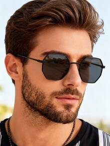 1pc Men Metal Geometric Frame Personality Vintage Fashion Glasses For Driving Outdoor Summer Street Snap Accessories - 1pc Black/Grey 9829 - View 2