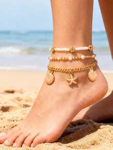 Set de 3 piezas de accesorios de joyería de tobillera de acero inoxidable de estilo casual y de moda para chicas de playa - Tobillera de tres capas - Ver 6