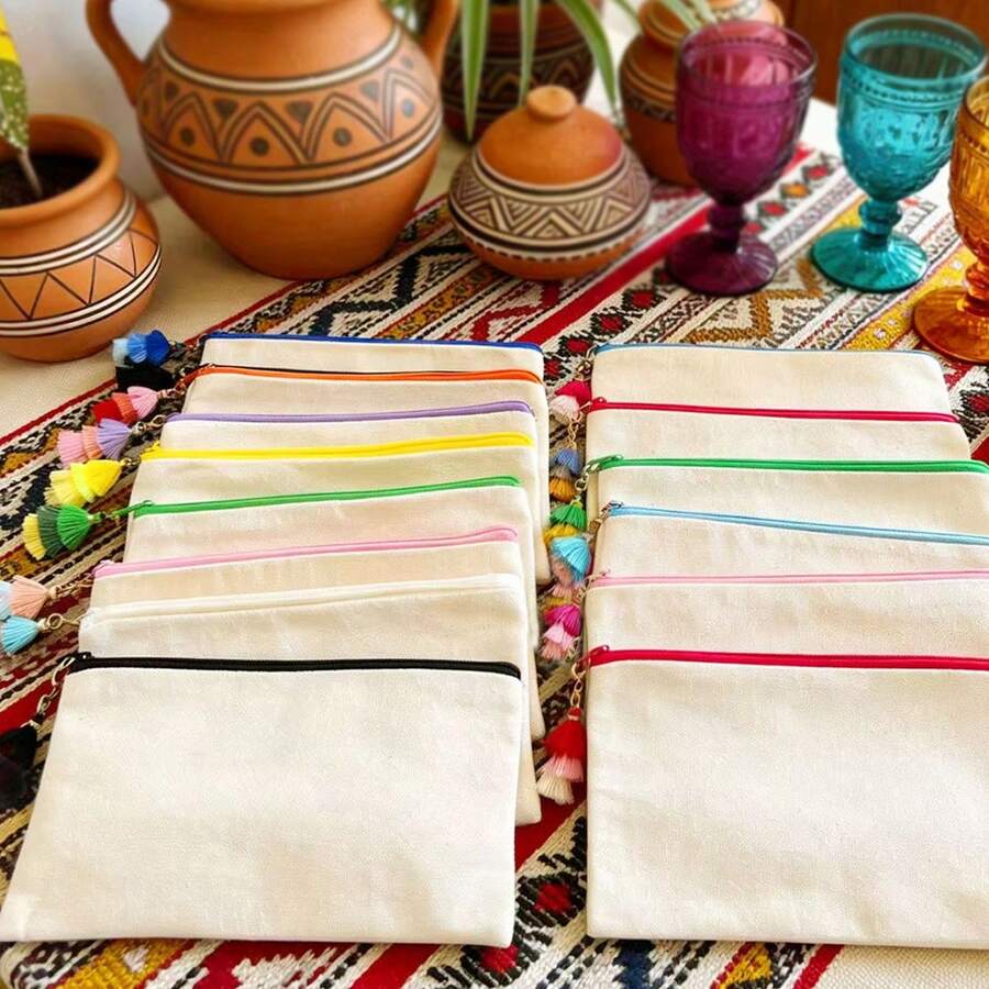 1/5/10/20 Stück Set, Boho-Stil bunte Quasten Dekor Leinwand Geschenktüten, Mehrzweck Federmäppchen, Kosmetiktasche, Kulturbeutel Set, Geschenkverpackungstüten für Schule, Abschluss, Geburtstag, Feiertags-Party, Hochzeit, Junggesellinnenabschied, Reise, Jubiläumsfeier, Gastgeschenktüten