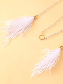 1pc Metal Chain Face Jewelry With White Feather Tassel, Party Accessory - Gold - View 3