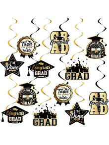 6pcs 2026 Graduation Season Hanging Decorations - Black & Gold Graduation Party Decor - Suitable For Graduation Party, Theme Party And Home Decor - One Size Fits All - View 2