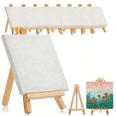 6 piezas Juego de caballete y lienzo en miniatura, 12 piezas Tableros de pintura en blanco para dibujar, exhibición de arte, manualidades, caballetes de madera pequeños para escritorio, trabajos manuales para padres e hijos, regalos DIY, eventos, puestos de artesanía, exhibiciones decorativas