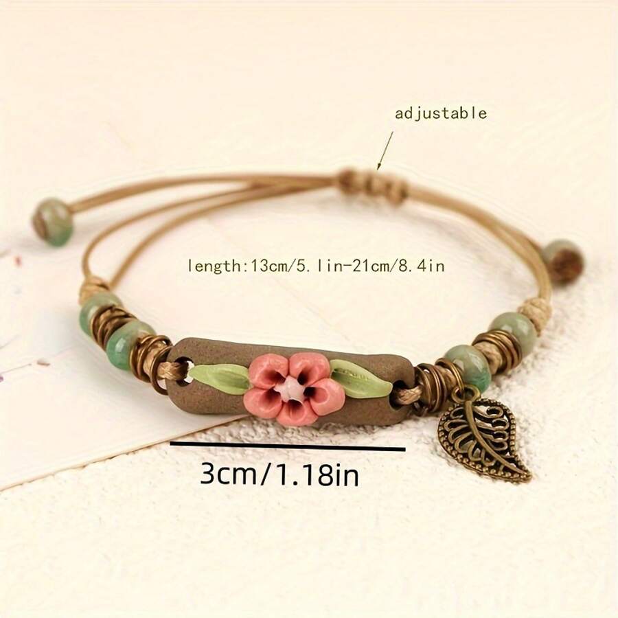 Handmade Ceramic Beaded Bracelet, Adjustable-Style Bracelet, Rustic Charm Accessory Bracelet With Leaf Pendant, Ceramic Floral Small Jewelry, Friendship Bracelet Good Friends And Girlfriends QDQJ - Long White Powder Flowers - View 1
