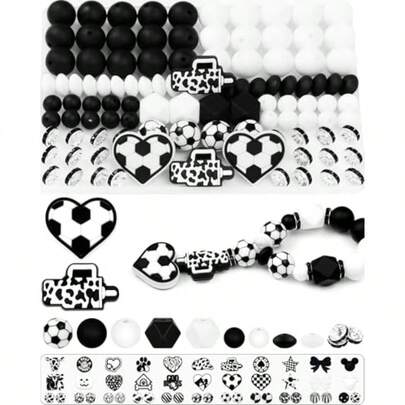 102PCS Black And White Focal Silicone Beads For Keychain Making Football Round Lentil Hexagon And Rhinestone Spacer Beads For Pens Bracelets And DIY Crafts Sports Style