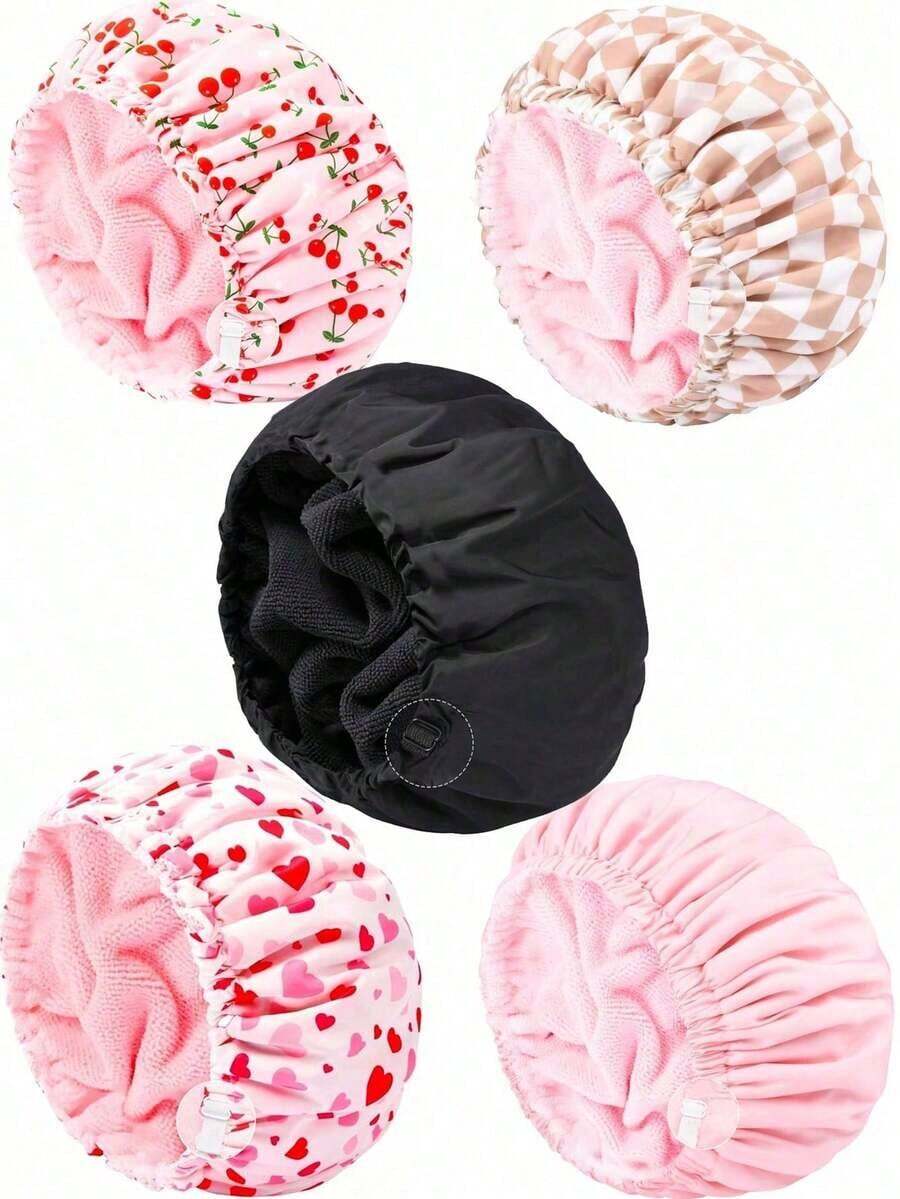 1pc Adjustable Plush Shower Cap, Waterproof Polyester Absorbent Microfiber 3-In-1 Hair Drying Cap Sleep Bonnet - Màu đen, 1 chiếc - Xem 1