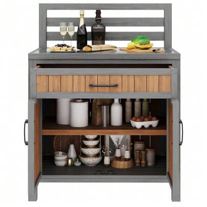 Outdoor Wooden Garden Cabinet, Weatherproof Tool Shed, Outdoor Cupboard With Large Work Surface & Drawer, Grill Station With Adjustable Shelves, Weatherproof Kitchen Cabinet For Patio, Balcony