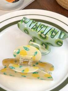 1pc/3pcs Geometric Pattern Casual Acrylic New Spring/Summer Fruit Print Hair Clips, Kiwi, Lemon, Shark, Fresh Style Hair Clips - Multicolor - View 3