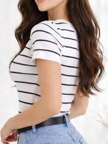 Women's Basic Ribbed Cotton Striped Blouse - White. - View 2
