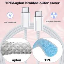 白色编织尼龙纤维 USB-C 转 USB-C 充电线 3 件套 60W PD 快充及数据传输 编织充电线 兼容 17 Pro Max/17 Pro/17/Air/16/15、S25/S24/S23/S22/S21 Ultra Plus 等机型 妇女节礼物 周年纪念日礼物 - 彩色 - 查看 4