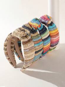 1 pieza Diadema ancha de estilo bohemio, diseño de rayas coloridas, tocado anudado de moda con aire rústico, adecuado para atuendos casuales, de playa y de vacaciones, banda para el cabello, aro para el cabello - Multicolor - Ver 3