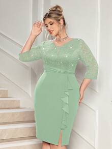 Đầm cocktail dáng đuôi cá cổ chữ V sâu, đính sequin và ren hoa, phối ren, viền bèo nhún, cỡ lớn, phù hợp cho khách dự đám cưới, sinh nhật, lễ tốt nghiệp, dạ hội, lễ hội trường và các dịp khác, thanh lịch mùa hè. - Màu xanh Bạc hà - Xem 5