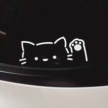 1pc Cute Cat Peeking Out Car Window Waving Paw Sticker, Cat Has Round Eyes And Triangular Body, Car Has 3 Windows, Decorative Sticker On Rear Windshield - A - View 4
