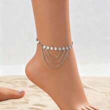 New European Style Metal Sequins Layered Anklet, Tassel Chain Foot Jewelry For Women, Perfect For Beach & Vacation Wear - Silver - View 8