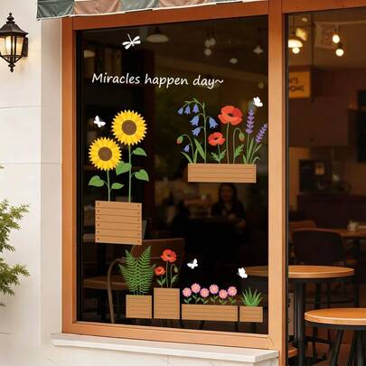 1/2 piezas Adhesivos de ventana con flores de primavera y plantas en maceta - Reutilizables, calcomanías de PVC de doble cara con adherencia estática - Ideales para decorar restaurantes, salas de estar, oficinas y dormitorios