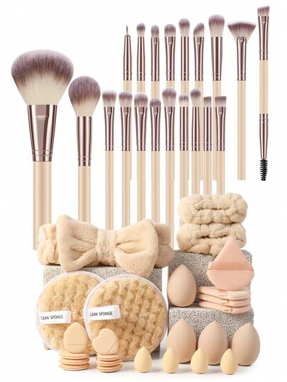 45PCS Makeup Tools Set Including:20PCS Makeup Brush Set+4PCS Makeup Sponges+4PCS Mini Makeup Sponges+4PCS Triangle Powder Puffs+8PCS Mini Air Cushion Powder Puffs+1pc Hairband+2PCS Hand Bowl Strap+2PCS Facial Cleansing Sponges