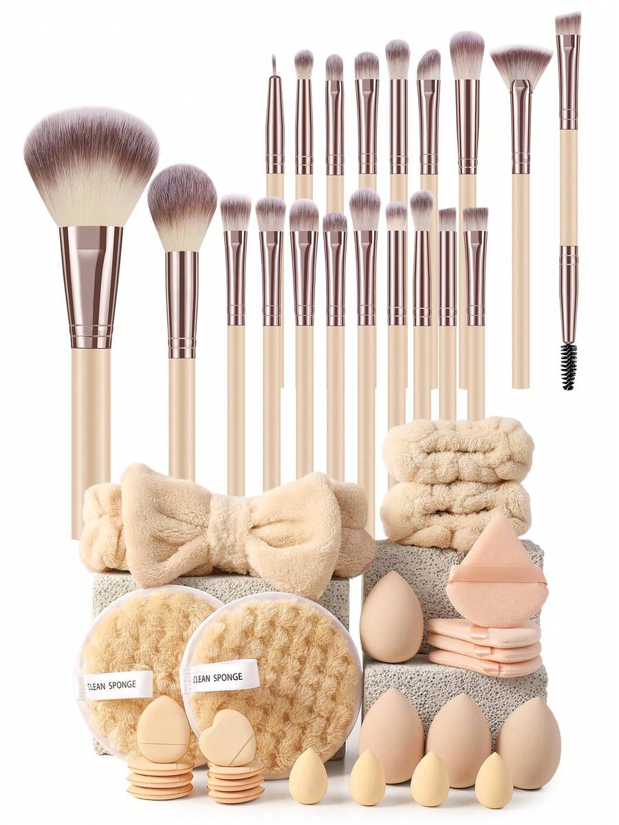 45PCS Makeup Tools Set Including:20PCS Makeup Brush Set+4PCS Makeup Sponges+4PCS Mini Makeup Sponges+4PCS Triangle Powder Puffs+8PCS Mini Air Cushion Powder Puffs+1pc Hairband+2PCS Hand Bowl Strap+2PCS Facial Cleansing Sponges - Apricot - View 1