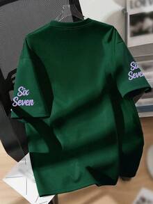 Kaos Lengan Pendek Leher Bulat Motif Angka & Huruf "67" Cyberpunk, Pakaian Anak Perempuan Musim Semi/Panas Terbaru yang Nyaman - Dark Green - View 2