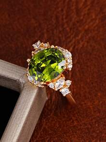 1 chiếc nhẫn đá Cubic Zirconia màu xanh ô liu lấp lánh, thanh lịch, thích hợp cho nữ đeo hàng ngày, lễ đính hôn, đám cưới, hoặc làm quà tặng thời trang dịp lễ. - Vàng - Xem 6