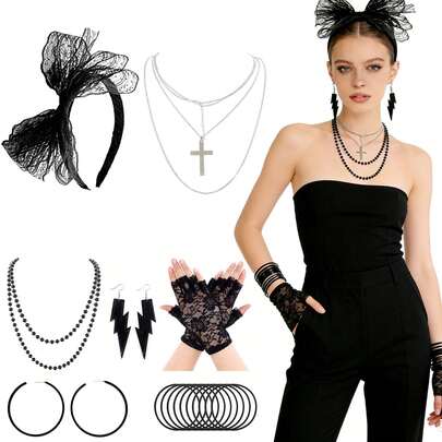 Bộ trang phục nữ thập niên 80 với phụ kiện neon gồm bông tai hình tia chớp, vòng cổ, găng tay ren hoa, băng đô cài tóc, chủ đề thập niên 90, phong cách retro, trang trí tiệc Halloween, quà tặng Giáng sinh, dạ hội.