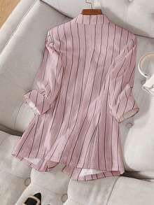 女士春夏细条纹单扣七分袖休闲西装外套 粉色 - 粉色 - 查看 2