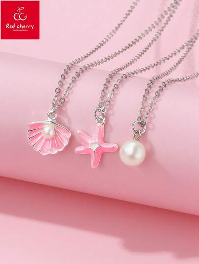 3pcs/Set Kids Cartoon Cute Ocean World Necklace Set, Featuring Faux Pearl, Shell, Starfish Pendants, Suitable For Daily Wear, Gifts, Holidays