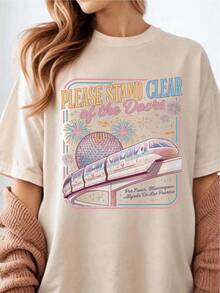Please Keep The Entrance Pattern T-Shirt, Classic Monorail Transportation Quote T-Shirt, Theme Park Travel Family T-Shirt, Vacation Matching Outfits, Vintage Transportation Inspired T-Shirt, 14516122026 - 杏色 - 查看 1