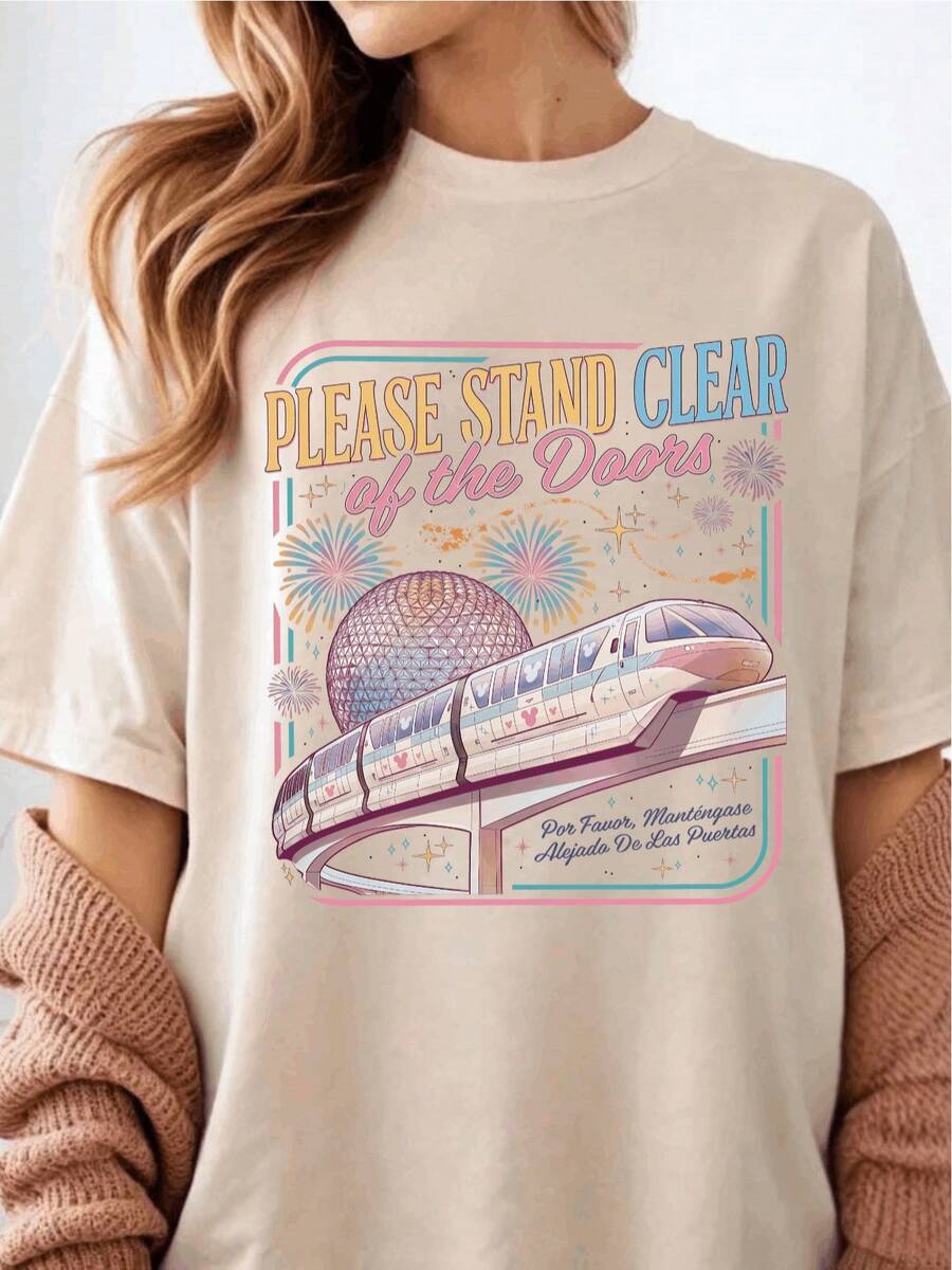 Please Keep The Entrance Pattern T-Shirt, Classic Monorail Transportation Quote T-Shirt, Theme Park Travel Family T-Shirt, Vacation Matching Outfits, Vintage Transportation Inspired T-Shirt, 14516122026 - 杏色 - 查看 1