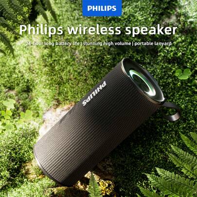 PHILIPS 飞利浦 TAS3150 蓝牙音箱，便携式户外音箱，圆柱形无线音箱，多种播放模式，低音炮高音量，超长续航，适用于家庭、桌面、户外、露营、聚会、汽车、骑行等场合，黑色