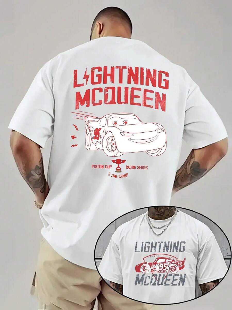 Disney Cars Lightning McQueen T-Shirt: White Cotton Tee With Vintage Racing Style Graphic, Perfect For Cars Fans, Casual Wear And Gift - trắng - Xem 1