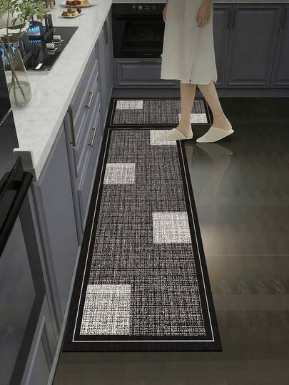 1pc Silica Gel Kitchen Mat With Deep Gray Background And Fine Grid Texture, Asymmetrical White Square Mosaic Pattern, Outlined By Thin White Lines, Presenting A Minimalist And Elegant Geometric Color-Blocking Style. Luxurious And Fashionable Kitchen Mat, Cushioning And Anti-Fatigue, Surface Fabric Material, Middle Sponge Absorbent Material.