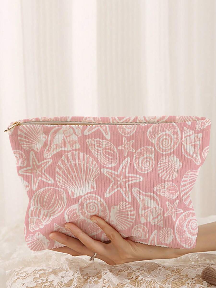 1pc Portable Cosmetic Bag, Pink Ocean Element Conch & Starfish Pattern Double-Sided Print, Zipper Travel Makeup Pouch, Multi-Function Toiletry Storage Bag - Multicolor - View 1
