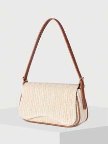 Women's Fashionable Retro Patchwork Vacation Style Straw Shoulder Bag - Beige - View 2