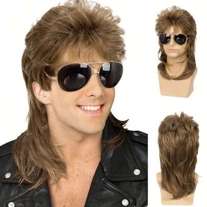 Tóc giả kiểu mullet màu nâu dài 20 inch dành cho nam giới - Không cần keo dán, có thể giặt tay, chất liệu tổng hợp mềm mại và thoáng khí, mang lại vẻ ngoài và cảm giác tự nhiên - Hoàn hảo cho Halloween, cosplay, tiệc hóa trang và trang phục thường ngày.