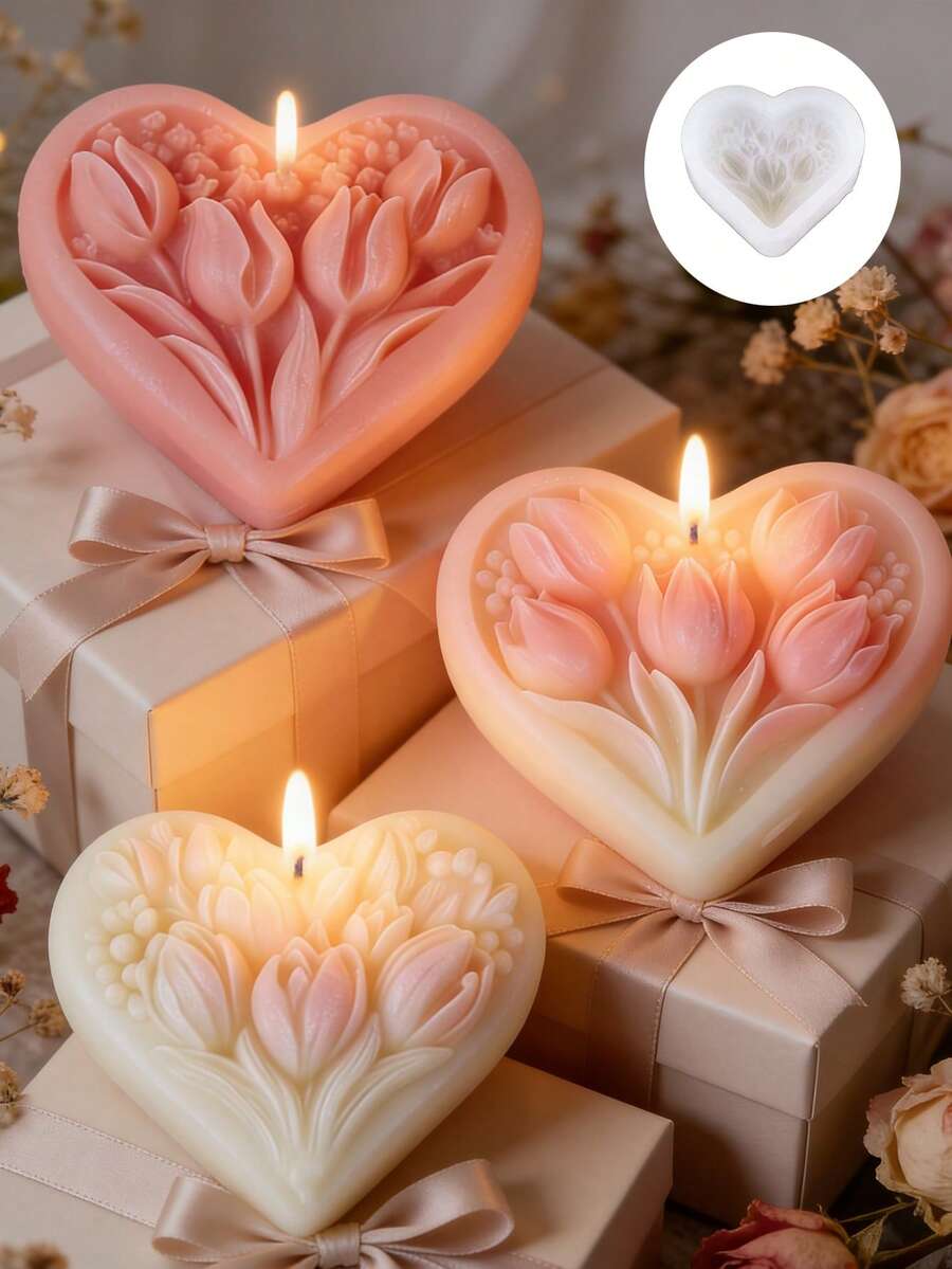 心形郁金香3D硅胶蜡烛模具 | DIY香薰蜡烛/香薰石/树脂装饰 | 浪漫花卉心形压纹,可重复使用硅胶材质 - 愛心鬱金香立體矽膠蠟燭模具 - 查看 1