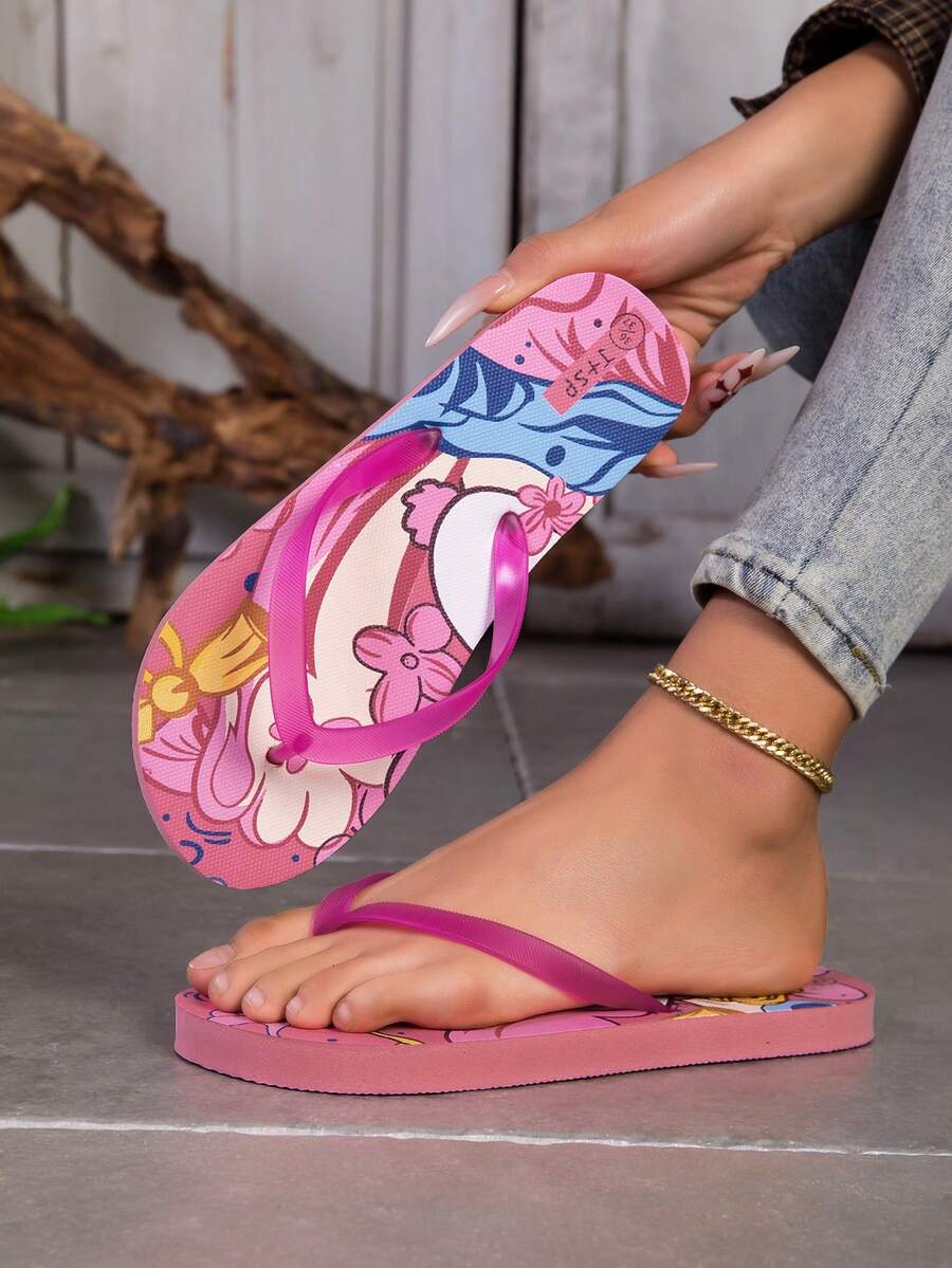 Dép xỏ ngón nữ mùa hè mới 2026, dép quai ngang họa tiết hoạt hình, dép đi biển thời trang chống trượt. - Hồng - Xem 1