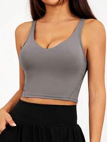1 pezzo Canotta sportiva casual da donna senza maniche, stile versatile e abbinabile con tessuto elastico, adatta per fitness, yoga, allenamento, corsa, top senza schienale - Grigio Scuro - Visualizzare 4