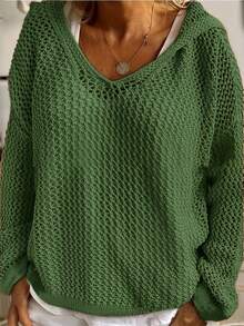 大码女式露肩长袖镂空连帽衫，休闲百搭，适合秋季、春季、海滩、派对、夏季穿着。 - 綠色 - 查看 1