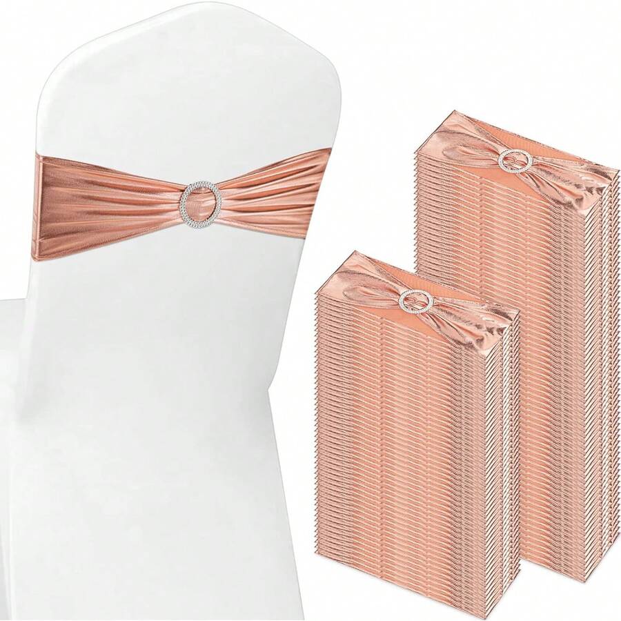 150 Pieces Spandex Stretch Chair Sashes Bows Elastic Chair Cover Bands Ties With Slider Wedding Party Reception Events Universal Ceremony Banquet Decorations (Gold) - Rose Gold - View 1